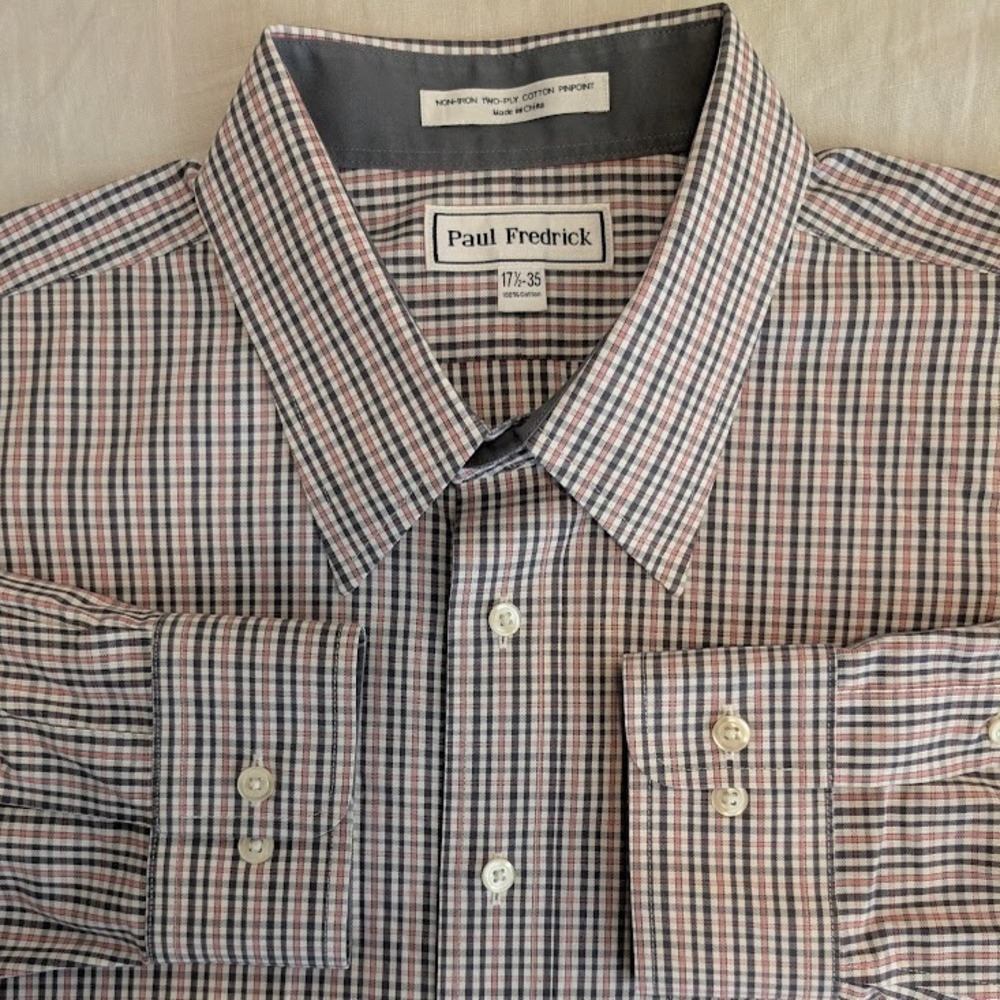 Paul Fredrick Dress Shirt 17.5 x 35 Gray Pink Plaid Non-Iron Cotton Pinpoint EUC